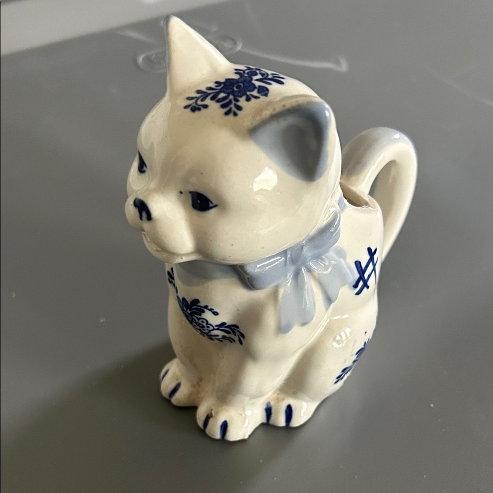 Ceramic Cat Creamer with Blue Floral Design